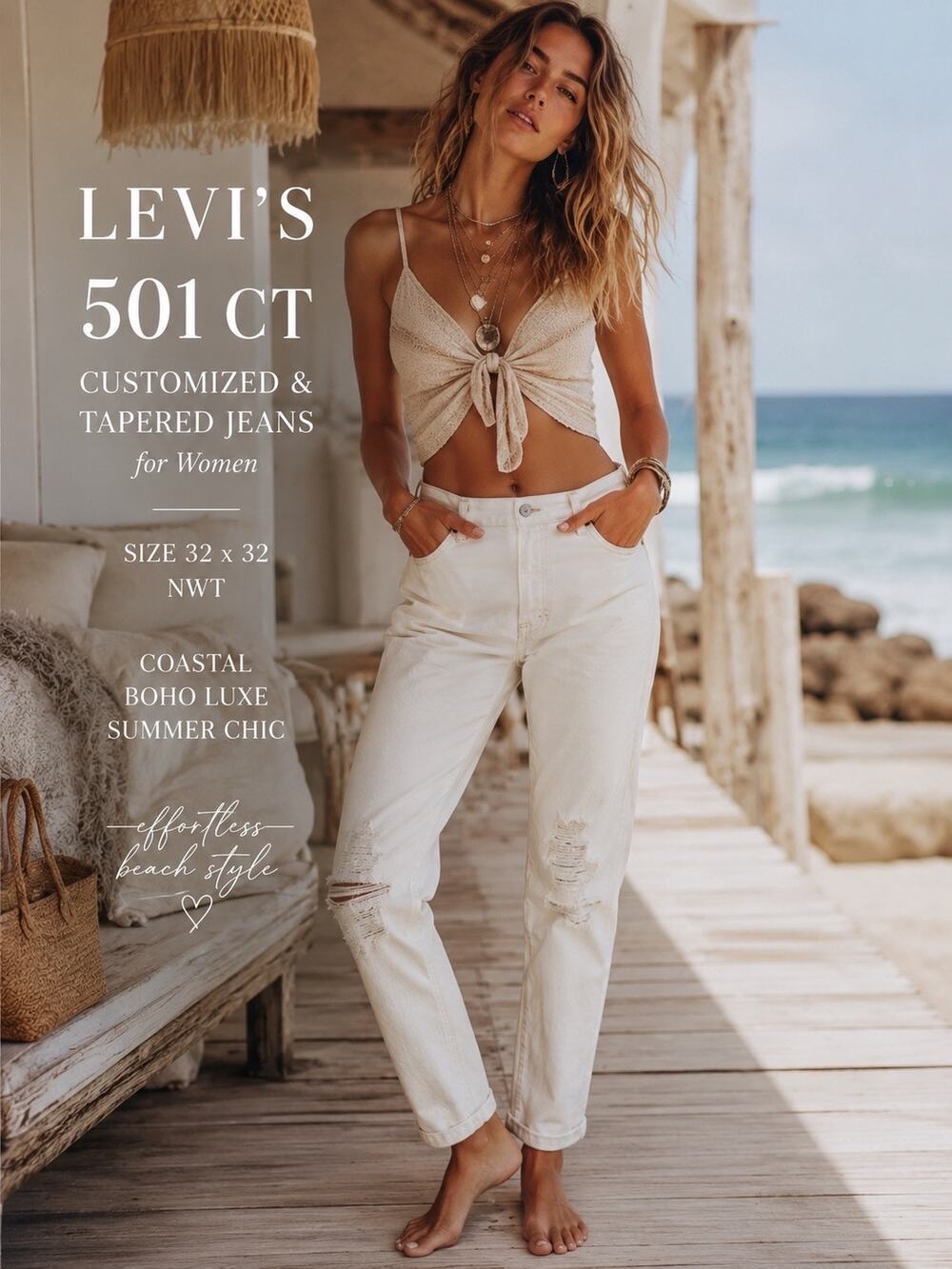 Rare Levi’s 501 Customized & Tapered Jeans NWT Ivory Distressed Coastal Capsule